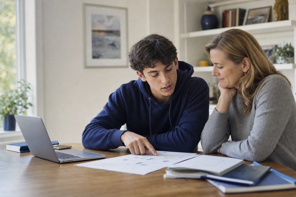 Teenage student and his mother reviewing college plans at a table