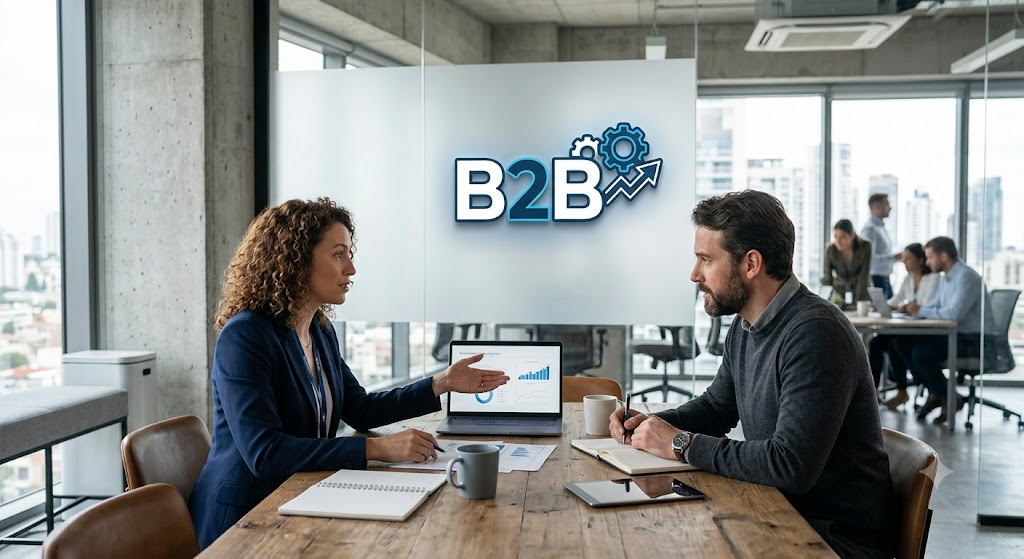 Two professionals in a B2B meeting at a table