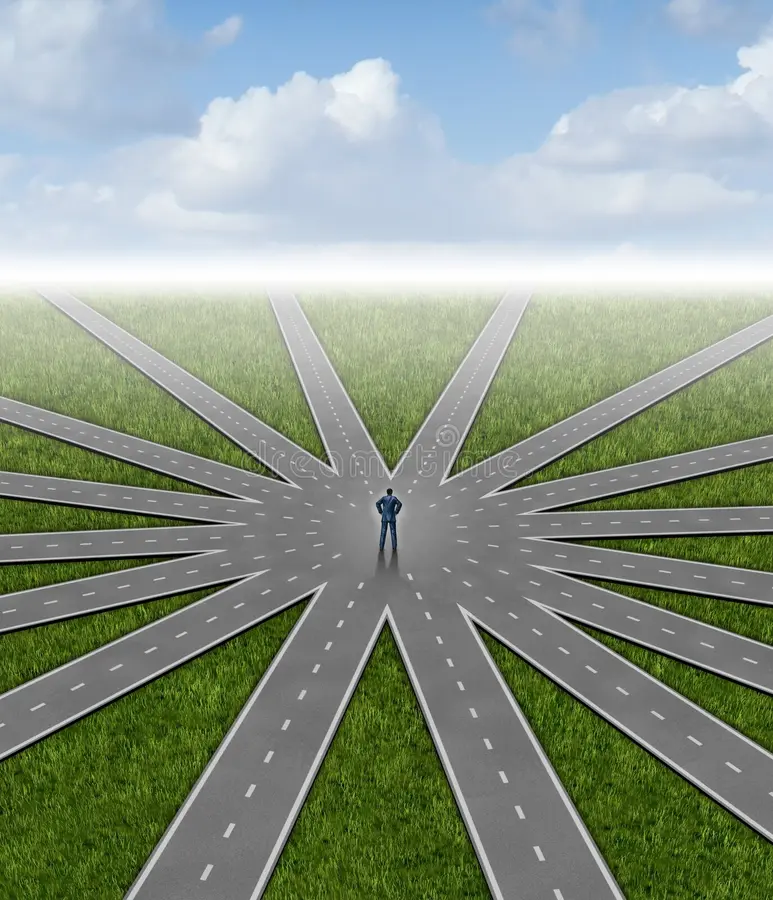 Many roads branching out from one point toward the horizon
