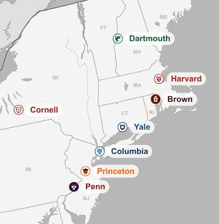Map of the northeastern US marking the Ivy League schools