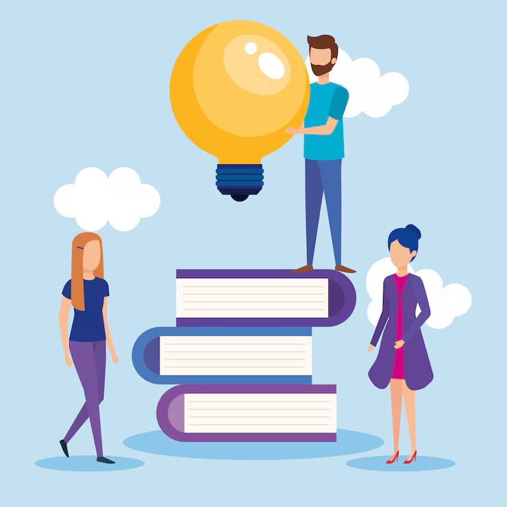 Illustration of people climbing a stack of books toward a light bulb