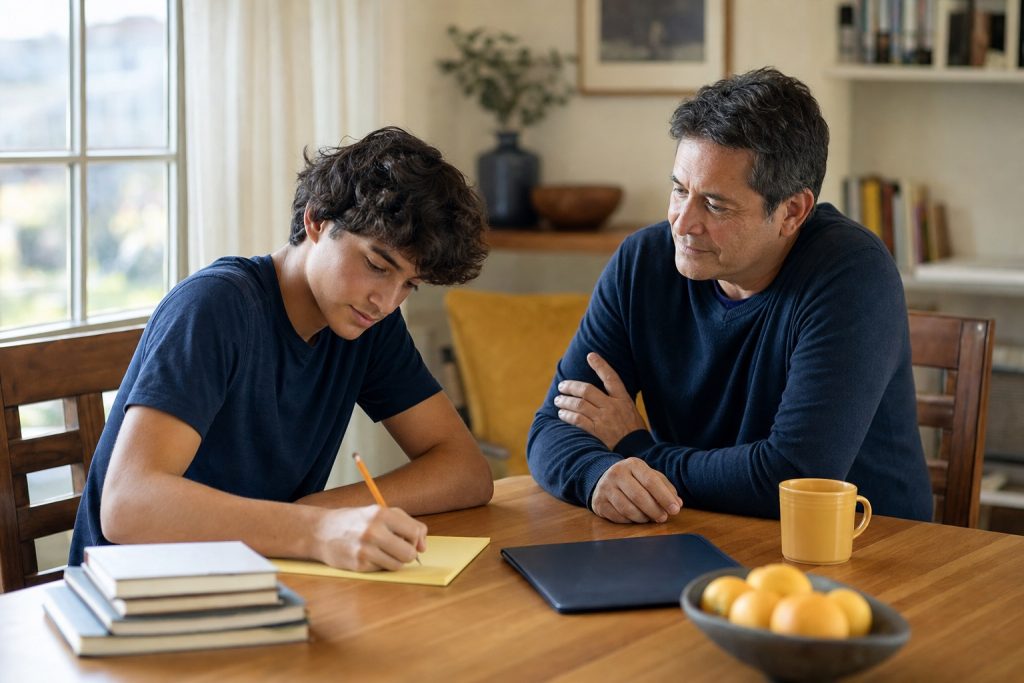 Teenage student writing at a kitchen table while his father looks on