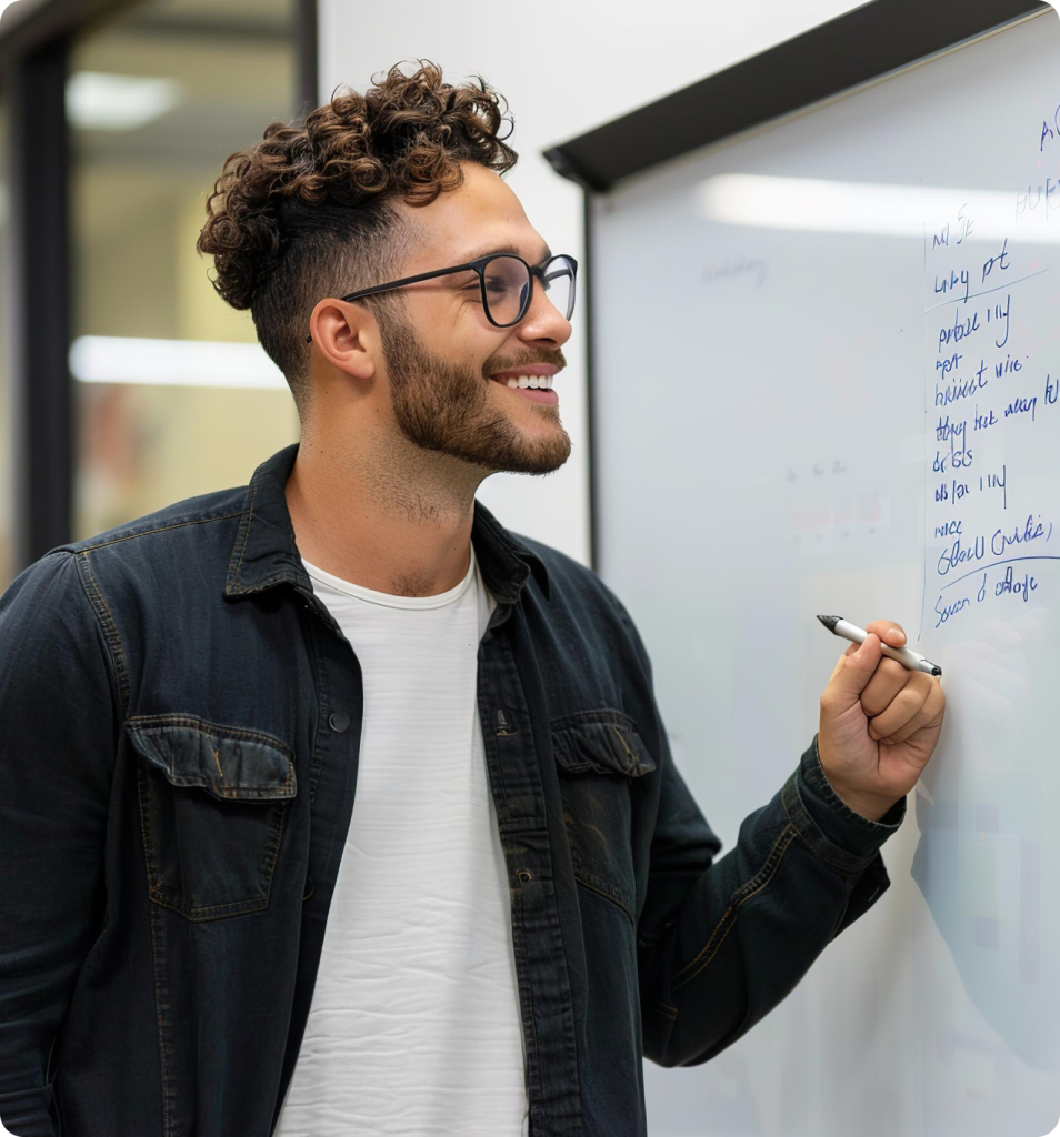 Smiling counselor writing a plan on a whiteboard