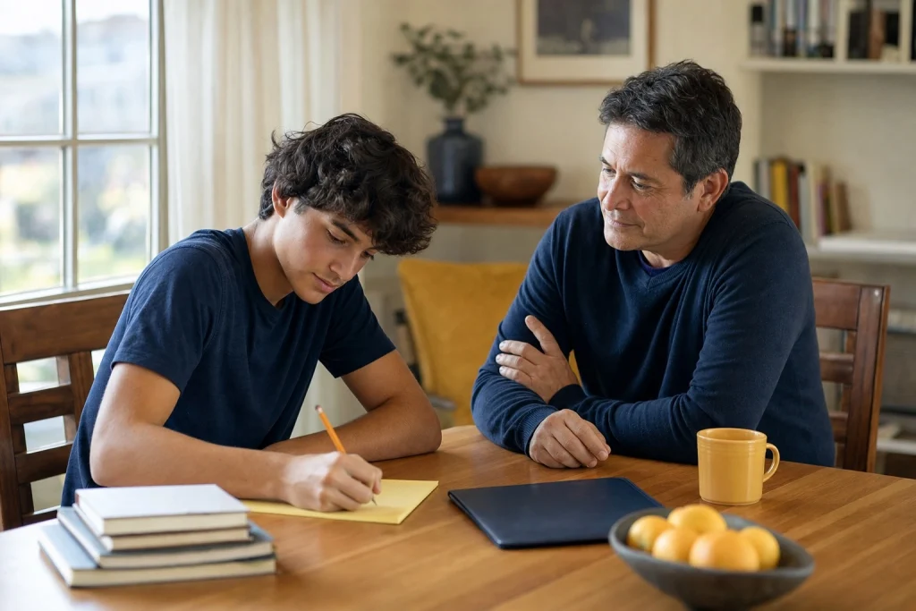 Teenage student writing at a kitchen table while his father looks on